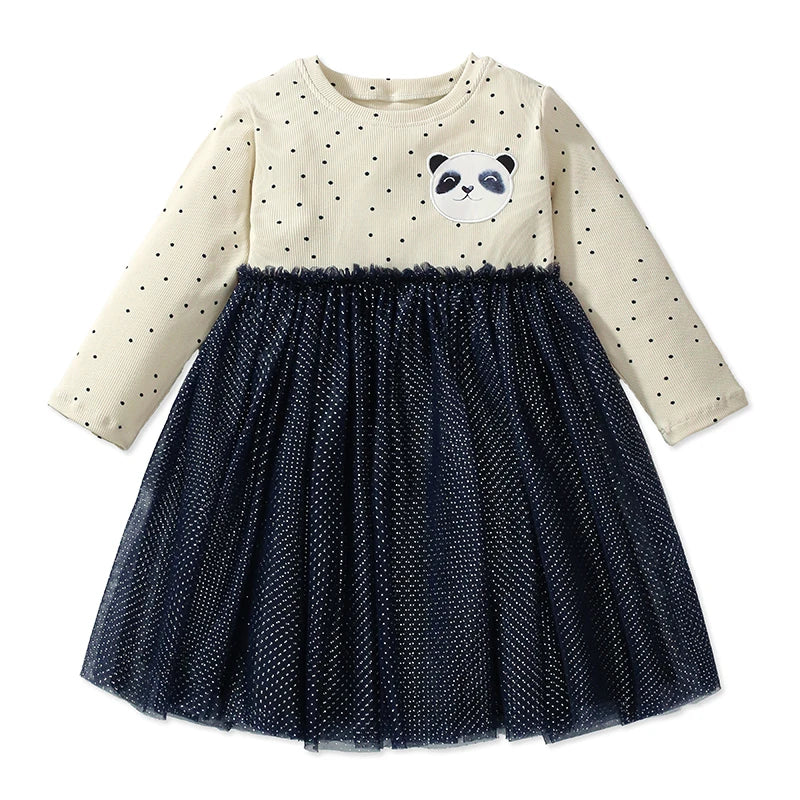 Girls Long-Sleeved Panda Cartoon Design Casual Dresses childrensterritory