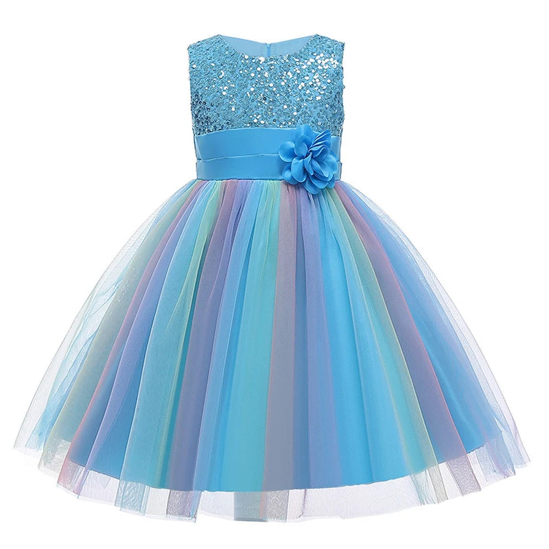 Girls Sleeveless Sequins Flower Rainbow Design Summer Dresses childrensterritory