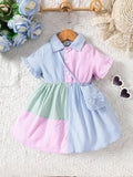 Little Girls Flared Sleeves Button Closure Dress with Sling Bag