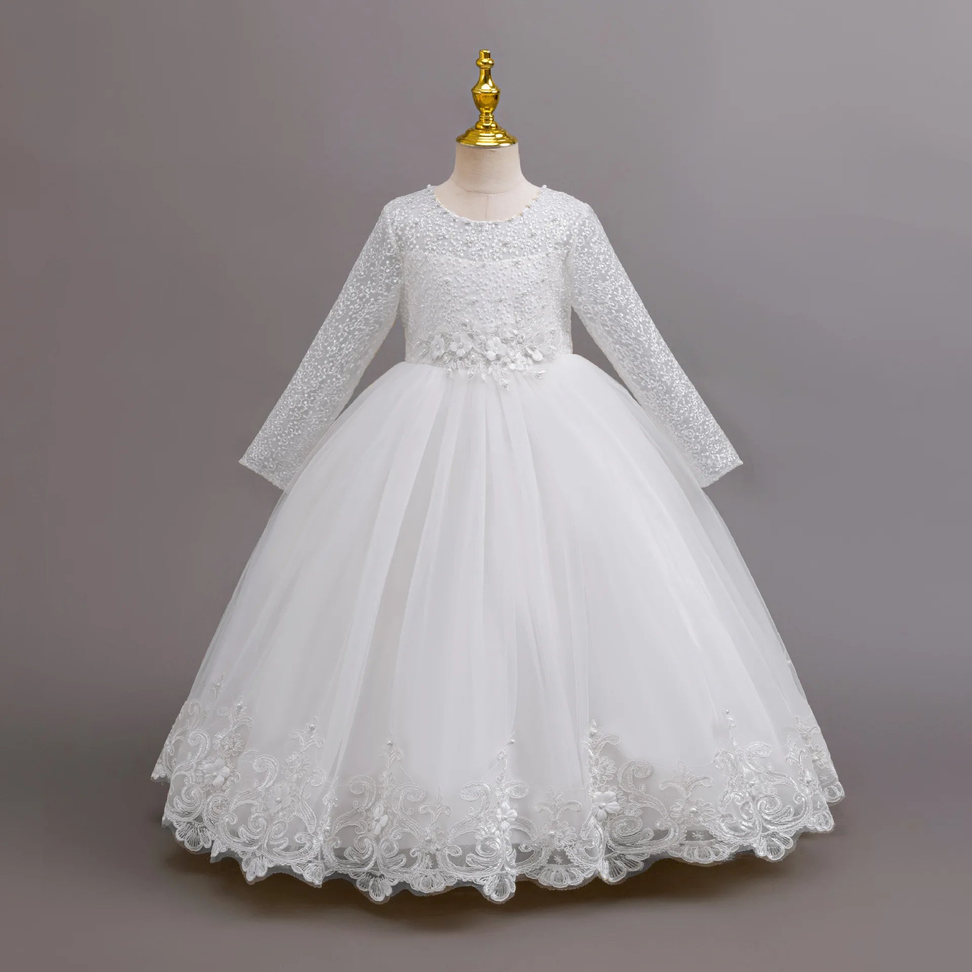 Long Sleeve Flower Design Elegant Dress For Girls