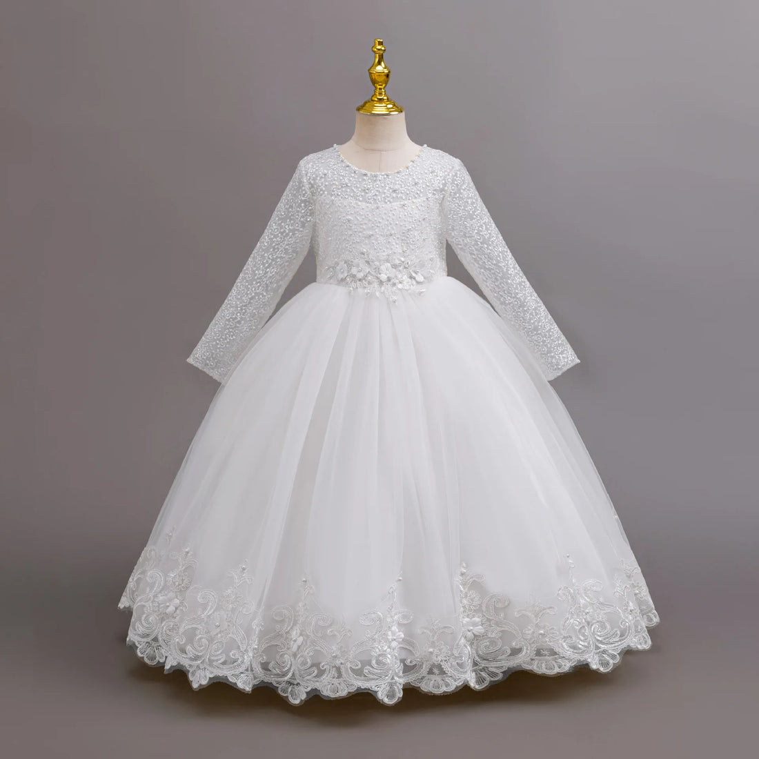Long Sleeve Flower Design Elegant Dress For Girls childrensterritory