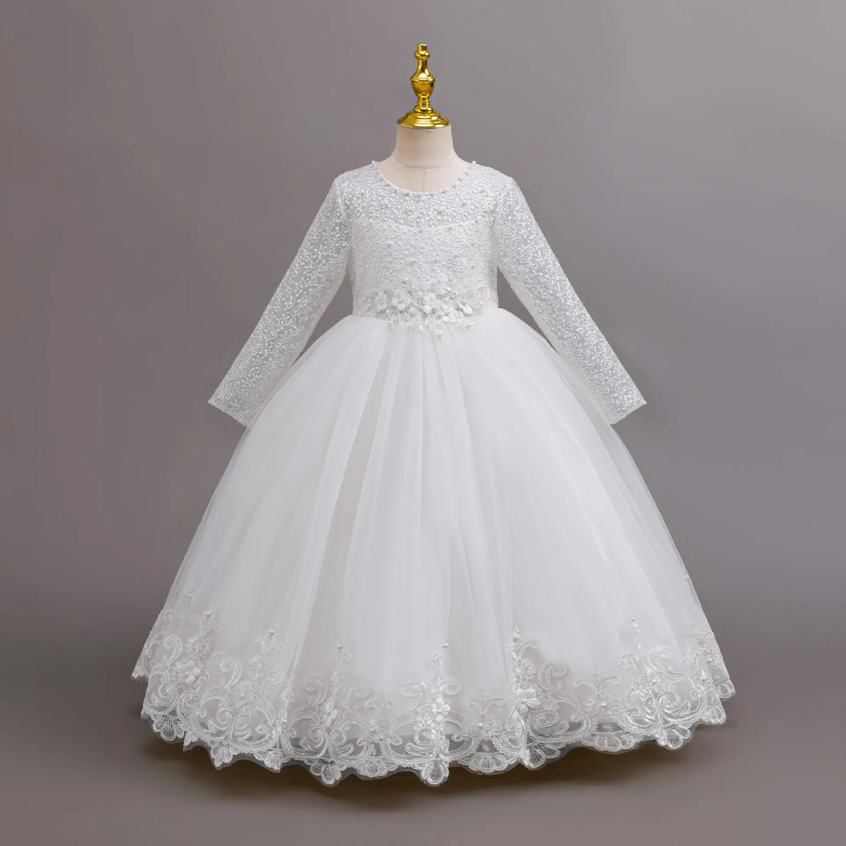 Long Sleeve Flower Design Elegant Dress For Girls childrensterritory