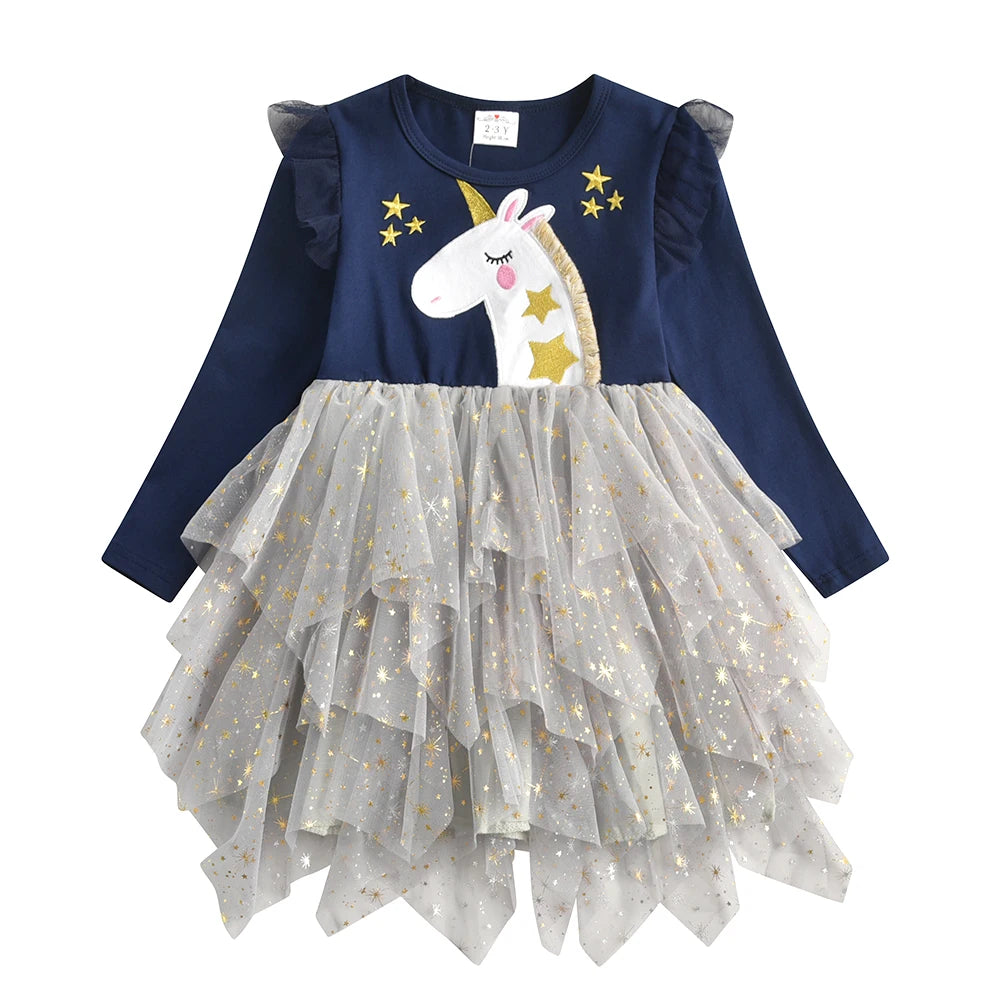 Cartoon Print Long Sleeve Girls Sequined Princess Dresses childrensterritory