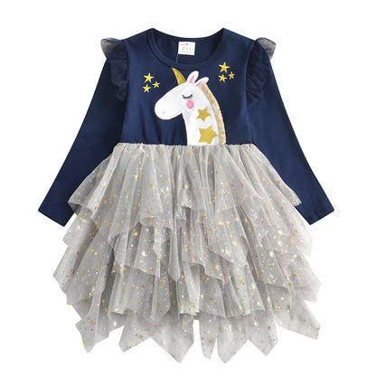 Cartoon Print Long Sleeve Girls Sequined Princess Dresses childrensterritory