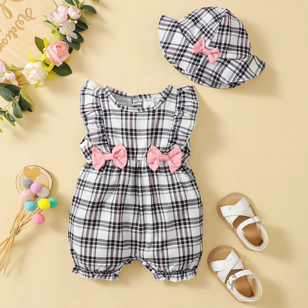 Newborn Girl Plaid Design Summer Romper and Hat Set childrensterritory
