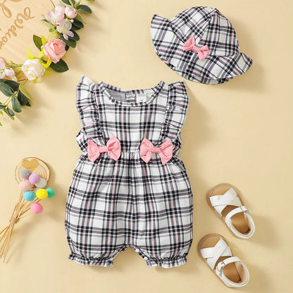 Newborn Girl Plaid Design Summer Romper and Hat Set childrensterritory