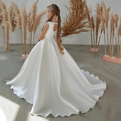 Ivory Beads Decoration Puff First Communion Dress for Girls
