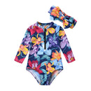 Floral Round Neck Little Girl Zipper Swimsuit