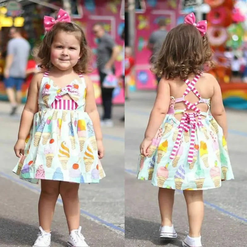 Ice-cream Printed Kids/Baby Girls Backless Strap Dress