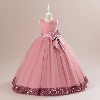 Solid Color Sequin Bow Design Kids Girls Formal Evening Vestidos childrensterritory