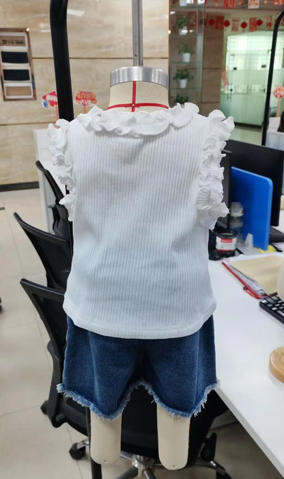 Baby Girl 2 Pcs Ruffled Sleeveless Tops with Denim Shorts Set