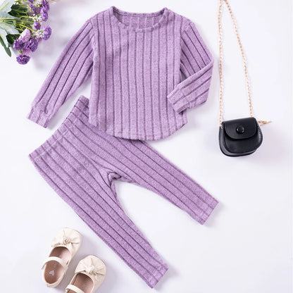 Solid Color Long-sleeved Casual Top and Pants Set for Little Girls