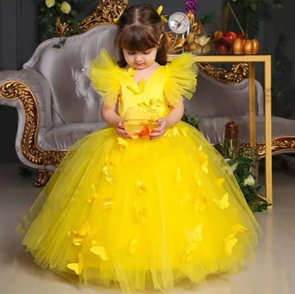 3D Butterflies Design 5 Layers Tulle Princess Flower Girl Dress childrensterritory