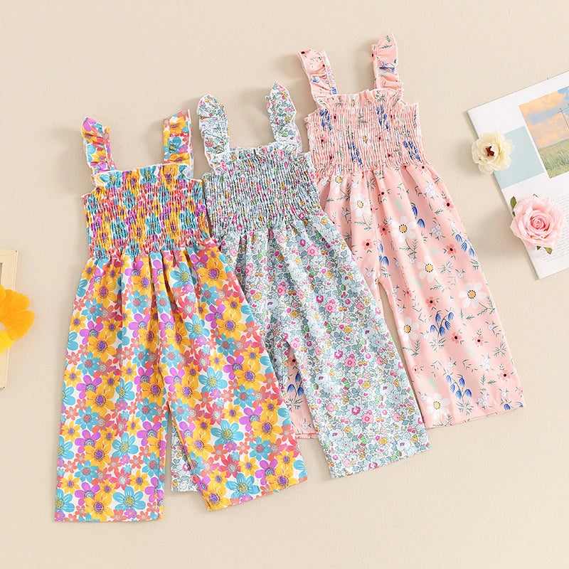Little Girls Lovely Floral Print Wide Leg Summer Jumpsuit childrensterritory