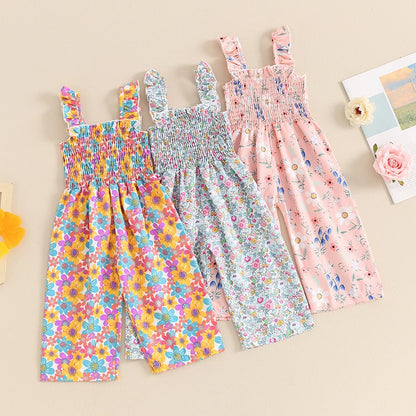 Little Girls Lovely Floral Print Wide Leg Summer Jumpsuit childrensterritory