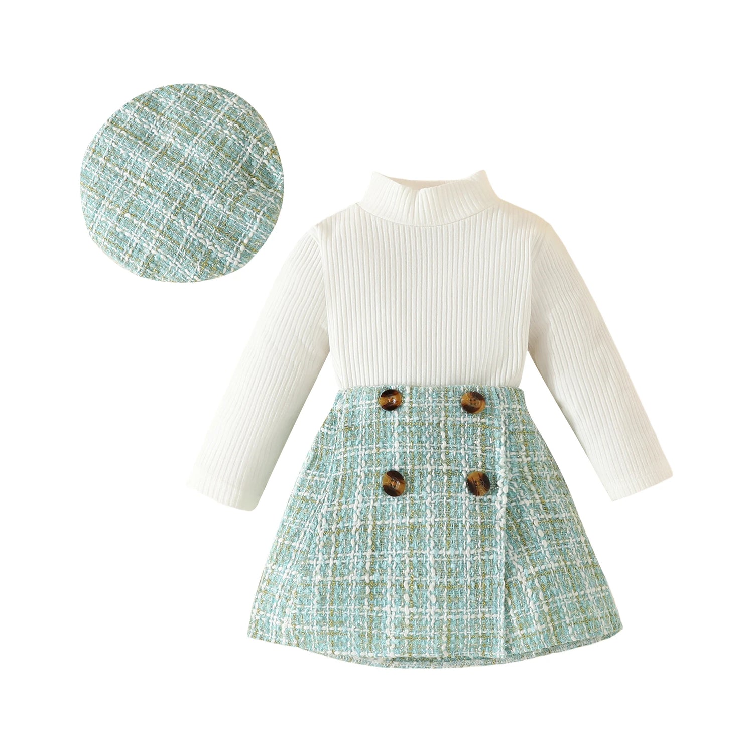 Baby Girls Knit Long Tops and Plaid Skrits with Hat Outfits childrensterritory