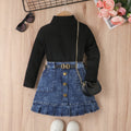 Girls' High-Necked Top and Denim Skirt with Belt Outfit Set childrensterritory