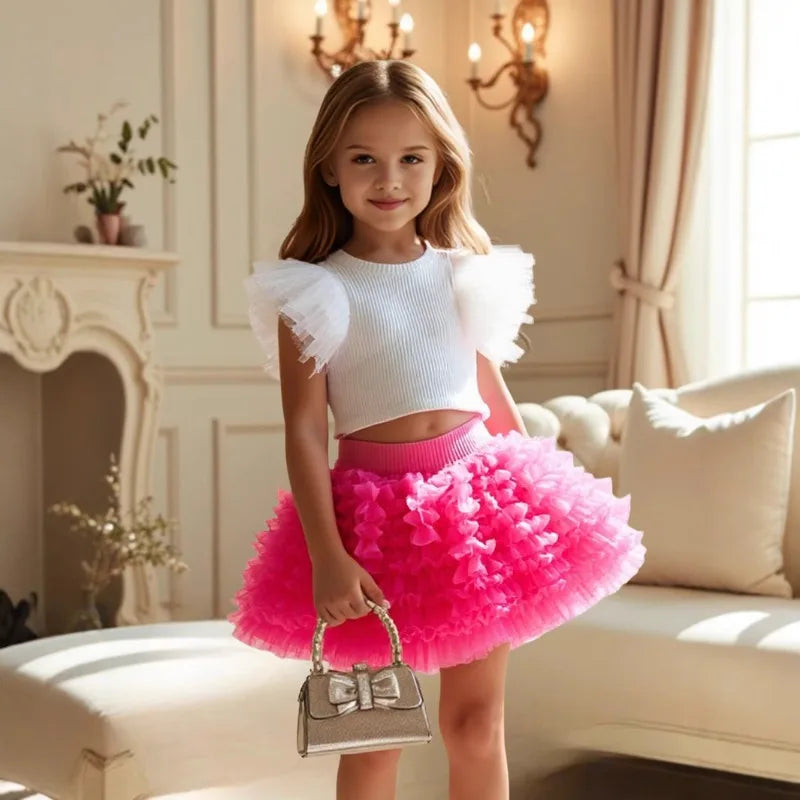 Kids Girls Flying Sleeve Top+gauze Skirt 2pcs Summer Set