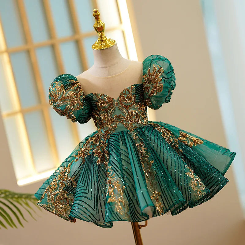 Girls Luxury Green Gold Birthday/Evening/ Party Dress