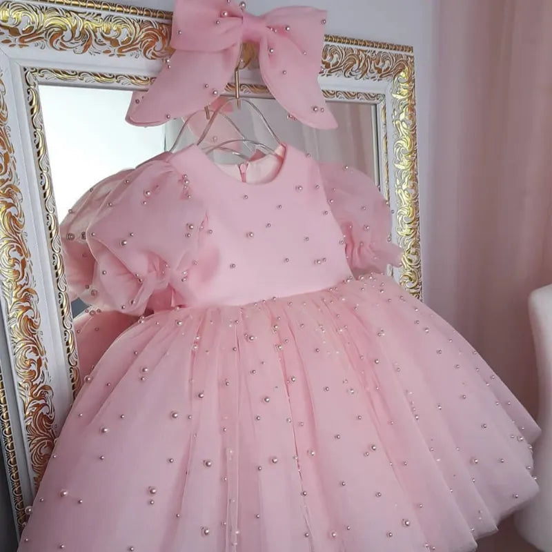 Pearl Decorated Puffy Pink Princess Dress for Girl&