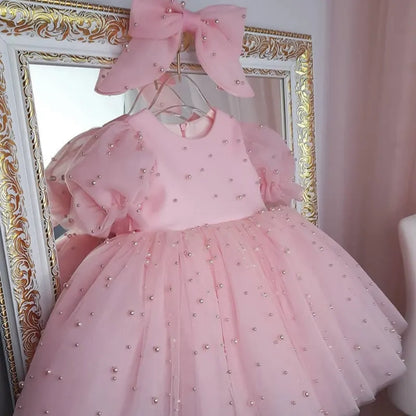 Pearl Decorated Puffy Pink Princess Dress for Girl&