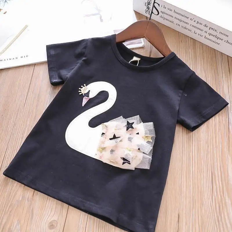 Kids Girls Swan T-Shirt + Sequin Skirts 2Pcs Outfit Set