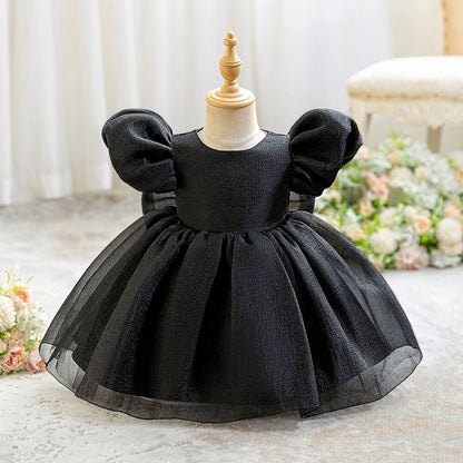 Little Girl Puff Sleeves Wedding Party Gown With Bow Puff Design