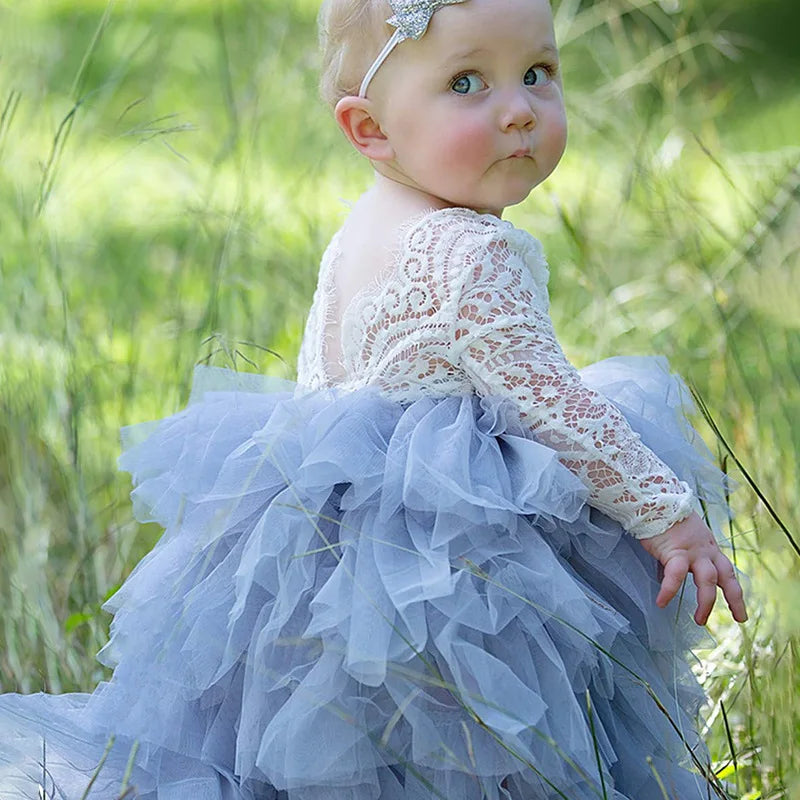 Kids Girls Lace Flower Design Layered Birthday Party Dress