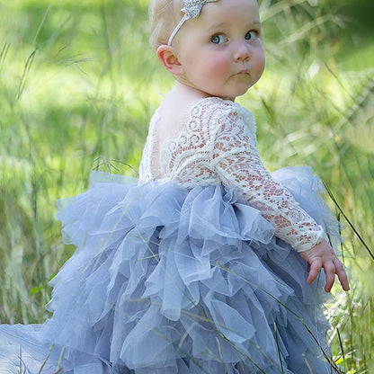 Kids Girls Lace Flower Design Layered Birthday Party Dress