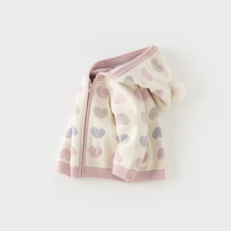 Kids Girls Heart Design Knitted Hooded Zipper Cardigan childrensterritory