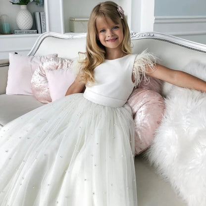 A-Line Feathers Sleeve Backless First Communion Dress For Girls
