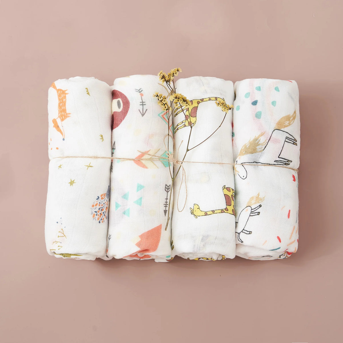Print Bamboo Cotton Muslin Baby Swaddle, 4PCS Gift Set