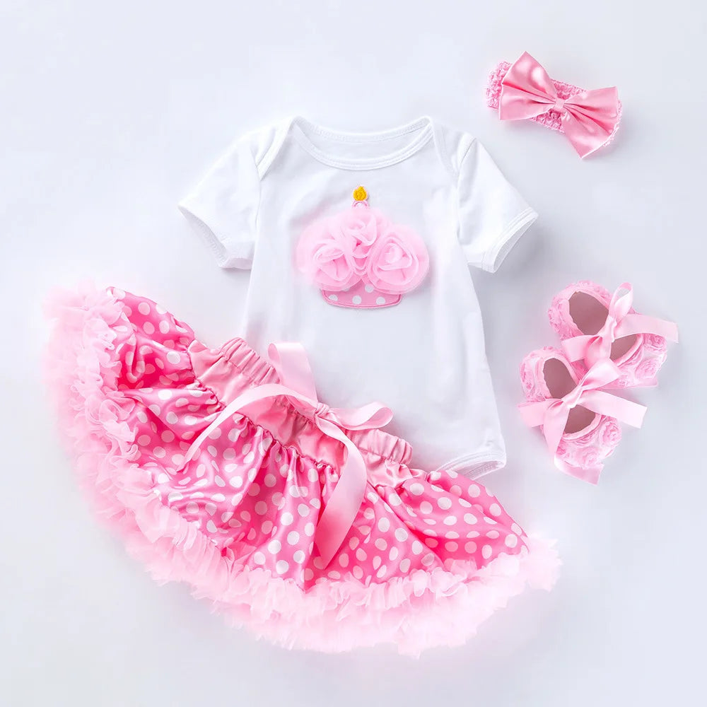 Baby Girls 4Pcs Birthday Outfit Sets/Ruffle Skirts+Romper