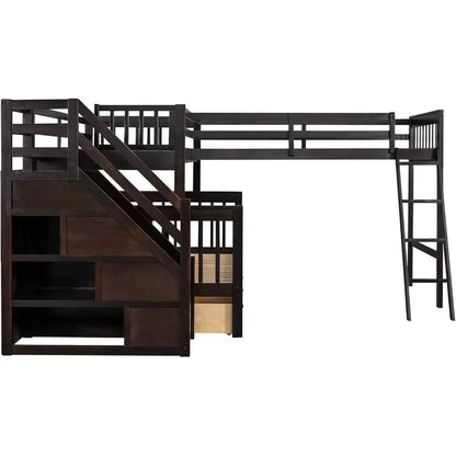 L-shaped Full Bunk Bed with Three Drawers and a Staircase