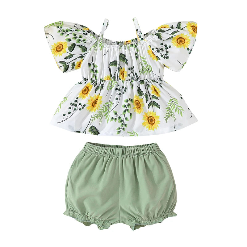 Baby Girls Floral Suspenders Tops and Shorts 2Pcs Outfit Set childrensterritory