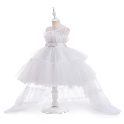 Kids Girls Formal Puffy Princess Wedding Birthday Dress with Trail