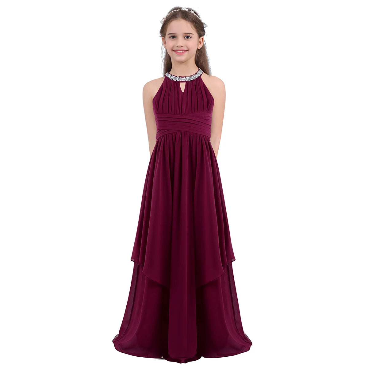 Kids Girls Halter Lace Design Chiffon Long Prom Ball Gowns