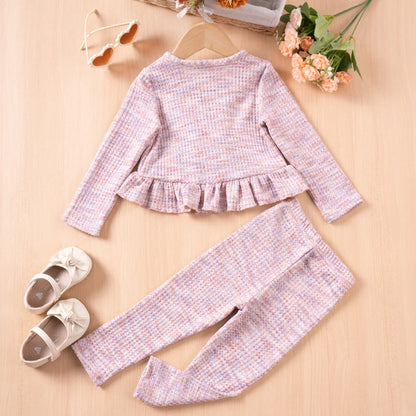 Little Girls Double Ruffle Edge Top Solid Color Pants Set