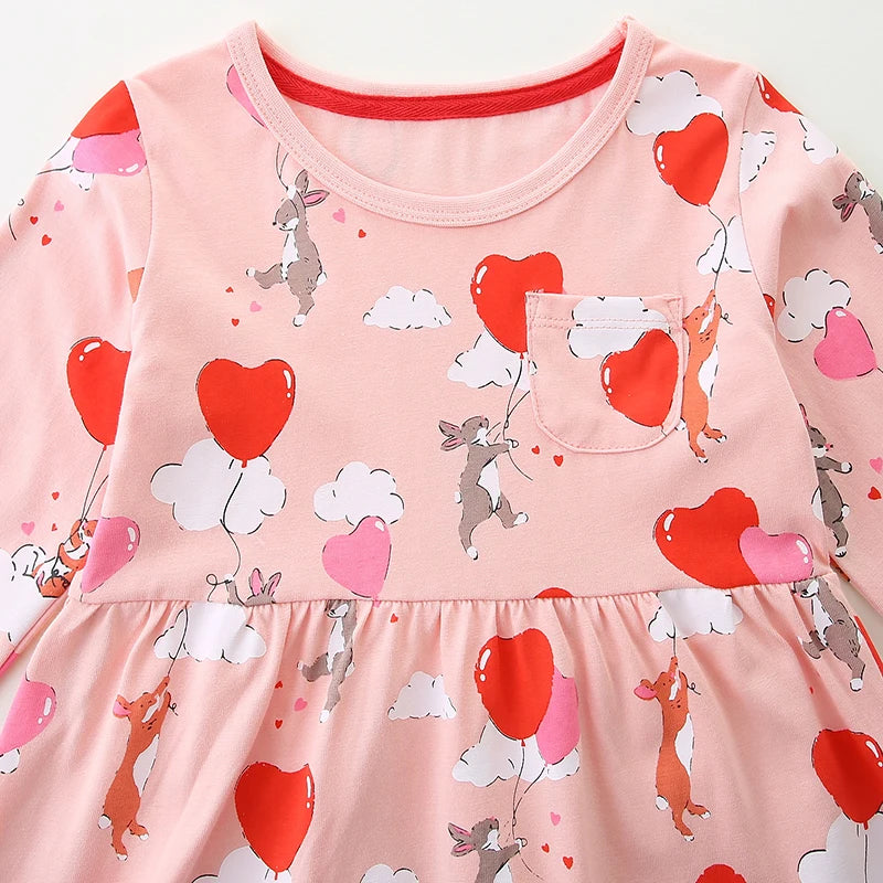 Cartoon Rabbits with Heart Balloons Design Girls Casual Dress childrensterritory