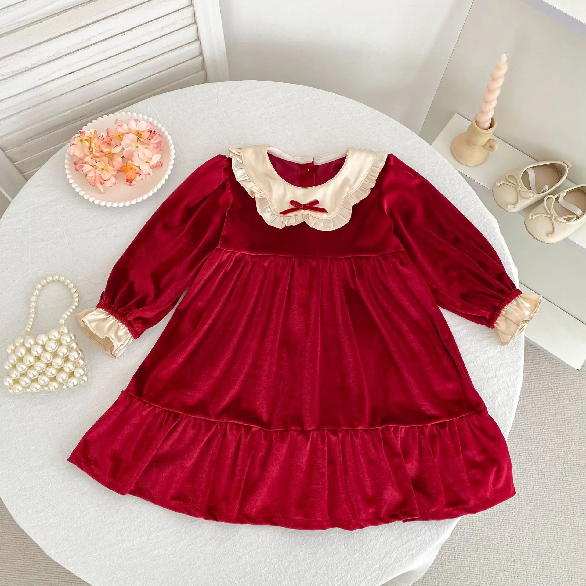 Girls' Long-Sleeved Lace Design Christmas Dresses