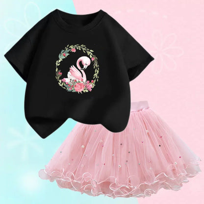 Kids Girls Flamingo T-Shirt &amp; Mesh Skirt Pretty Outfits childrensterritory
