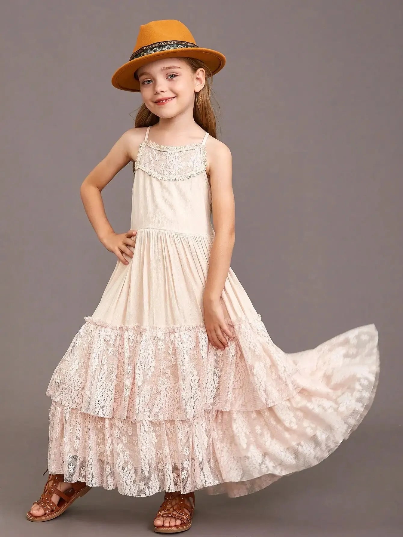 Kids Girls Long Lace Design Birthday Party Dresses
