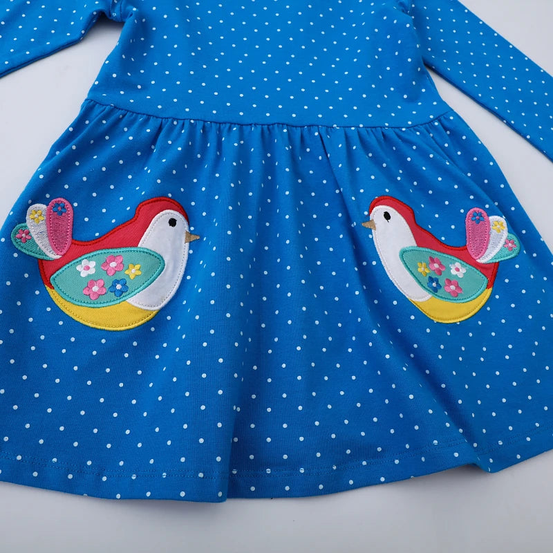 Cartoon Birds Embroidered Design Long Sleeves Girls Dresses childrensterritory