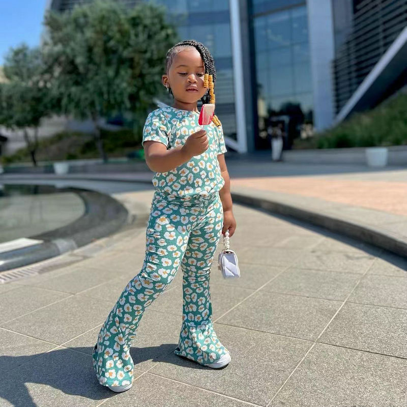 Kids Girls Daisy Green Tops + Flared Pant Boutique Outfits childrensterritory