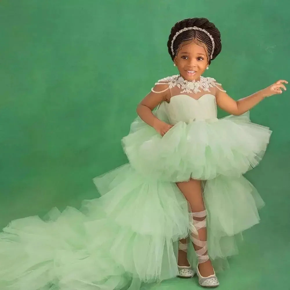 Little Girls Mint Green Tiered High-Low First Communion Gown childrensterritory