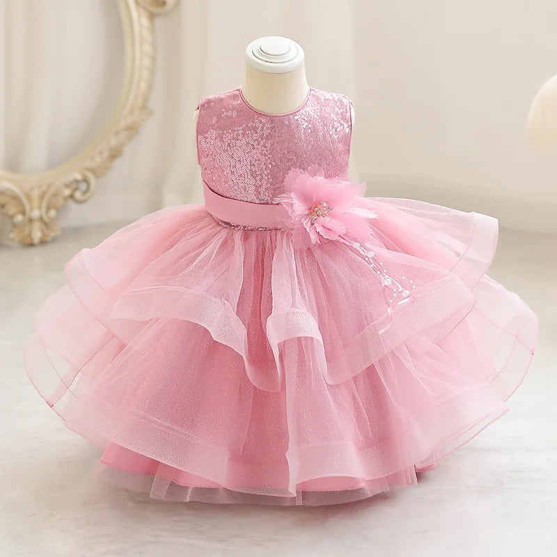 Kids Girl Fluffy Mesh Flower Dress for Baptism/Wedding