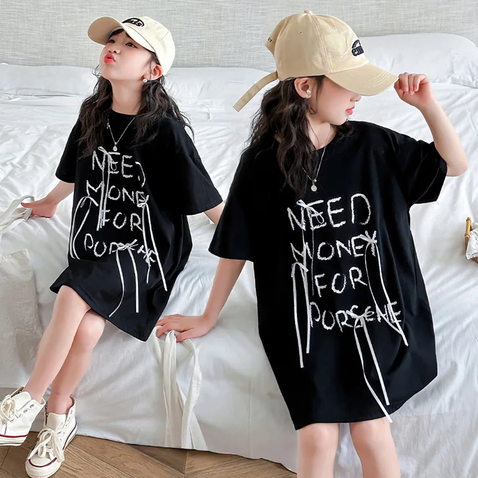 Letter Print Kids Girls Casual Summer Knee Length Dress
