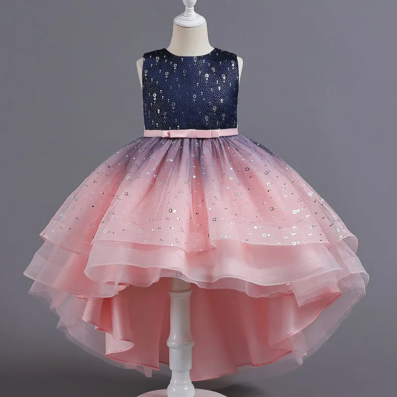 Girl Sleeveless Sequins Flower Design Puffy Party Dresses
