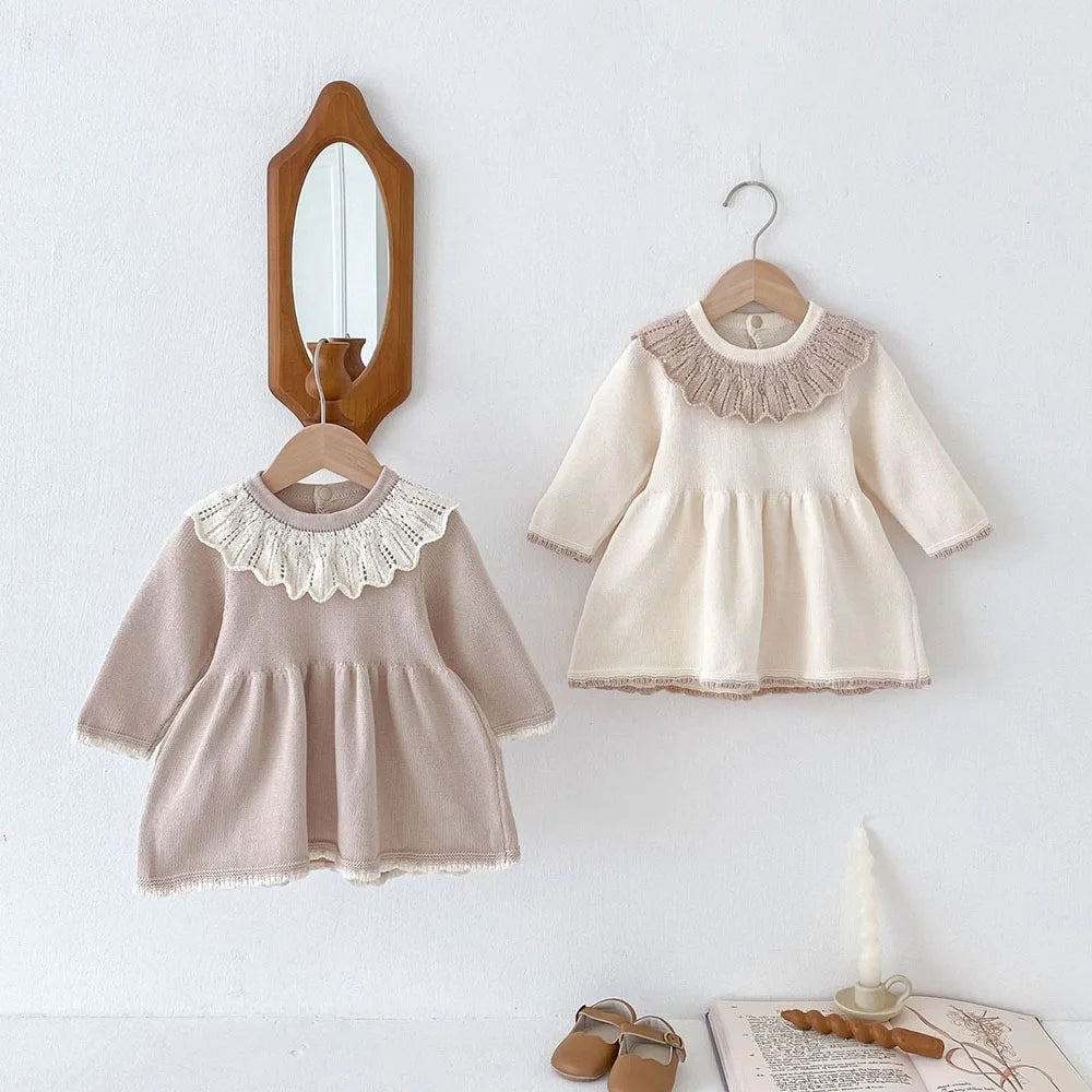 Girls’ Long Sleeves Collar Design Warm Dresses