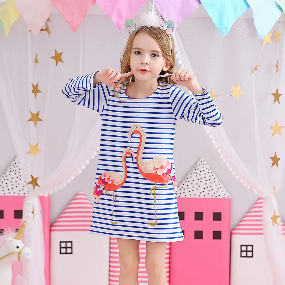 Flamingo Cartoon Design Striped Straight Dress for Girls childrensterritory